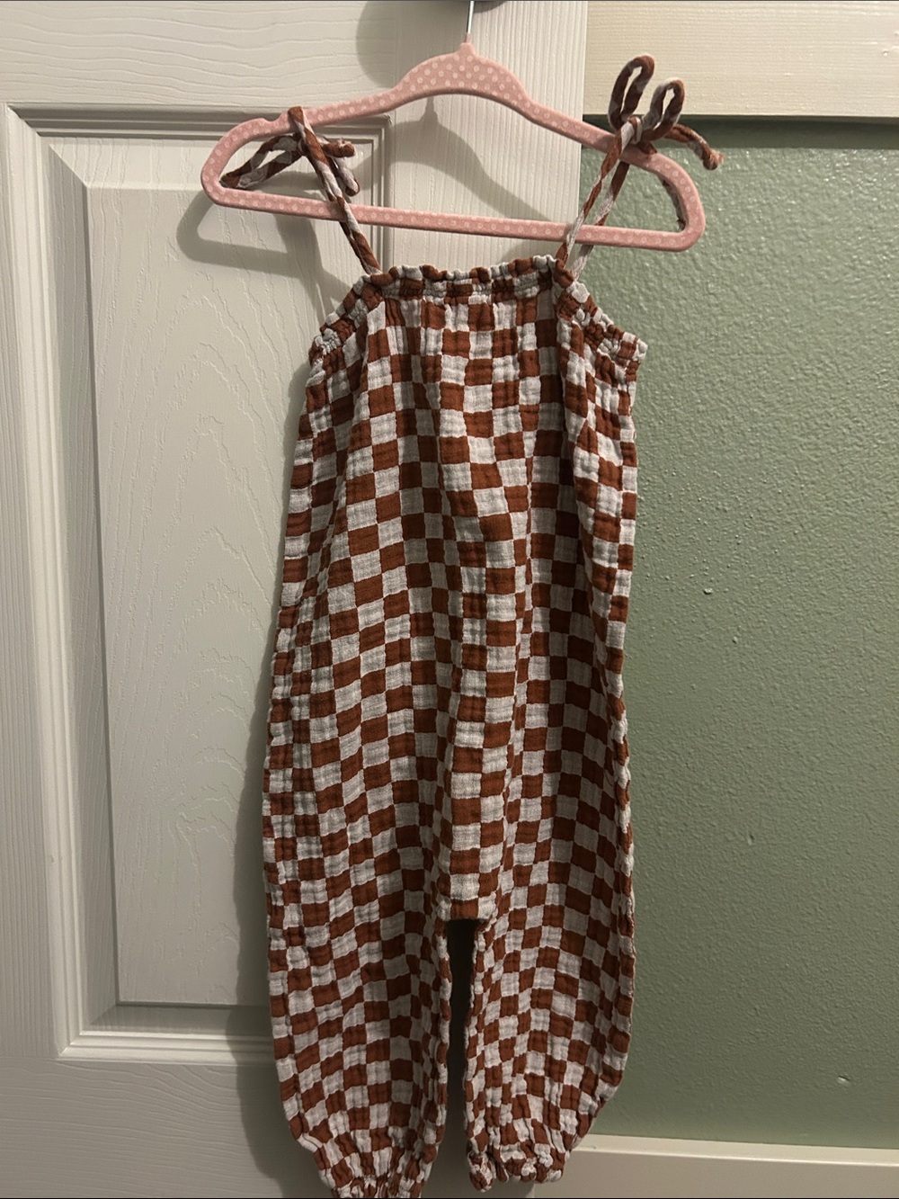 Kids Checker Tie-Shoulder One-Piece Jumpsuit in Brown and White (Mama and baby)